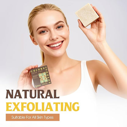 Coconut Shreds Soap Bar (Pack of 3) – 2-in-1 Cleansing & Exfoliating, Cold Process Handmade Bar with Real Coconut, Nourishing Body Soap, Made in Vietnam