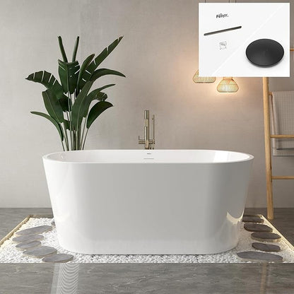 FerdY Shangri-La 55" Acrylic Freestanding Bathtub, Ergonomic Lightweight Classic Oval Soaking Bathtub with Matte Black Drain, Minimalist Linear Design Overflow, Modern White