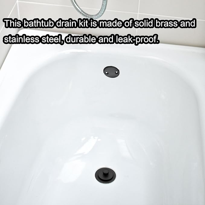 Matte Black Bathtub Drain, Lift and Turn Twist Tub Drain Trim Kit with Two-Hole Overflow Faceplate, Tub Drain Stopper, Lift and Turn Bathtub Drain Replacement