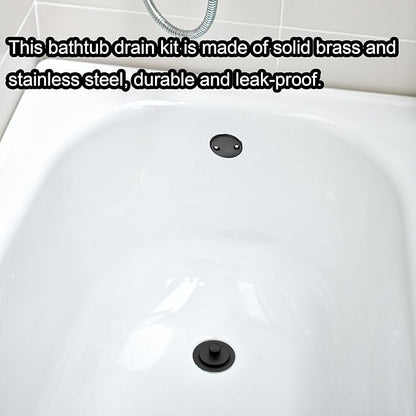 Matte Black Bathtub Drain, Lift and Turn Twist Tub Drain Trim Kit with Two-Hole Overflow Faceplate, Tub Drain Stopper, Lift and Turn Bathtub Drain Replacement