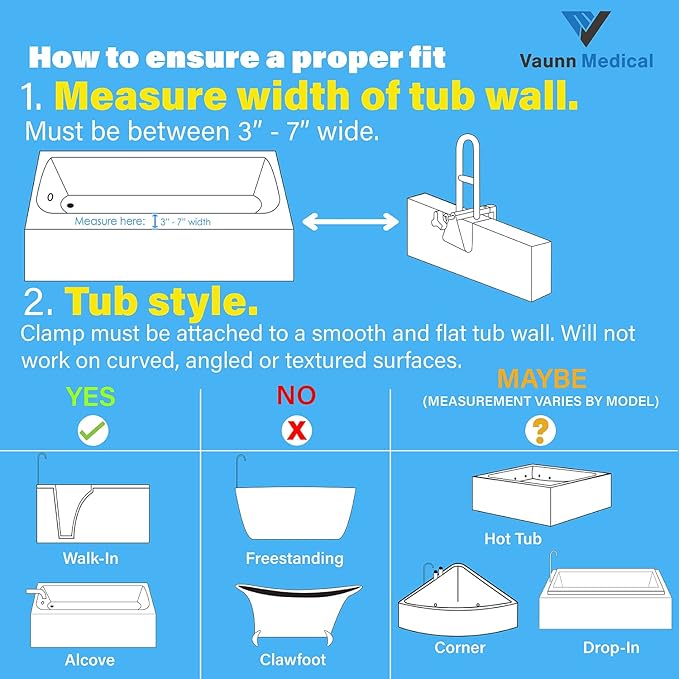 Vaunn Medical Bathtub Handle Grab Bar and Safety Rails for Seniors, Height Adjustable Tub Handles