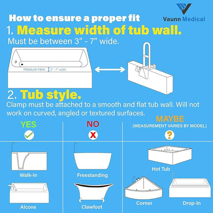 Vaunn Medical Bathtub Handle Grab Bar and Safety Rails for Seniors, Height Adjustable Tub Handles