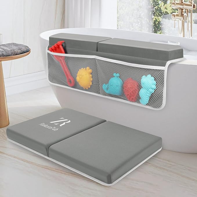Bath Kneeler and Elbow Rest Pad Set - 2 inch Comfortable Thick Baby Bath Kneeler Pads, with Toy Organizer Pockets - Quick Drying, Foldable, Non-Slip for Baby and Toddler Bathing (Grey)