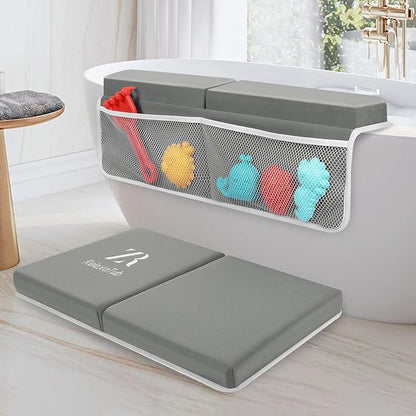 Bath Kneeler and Elbow Rest Pad Set - 2 inch Comfortable Thick Baby Bath Kneeler Pads, with Toy Organizer Pockets - Quick Drying, Foldable, Non-Slip for Baby and Toddler Bathing (Grey)