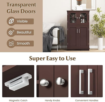 Tangkula Freestanding Floor Cabinet w/2 Glass Doors, 3-Level Adjustable Shelves, Anti-toppling Design, Kitchen Pantry Cupboard for Bathroom, Living Room (Brown)