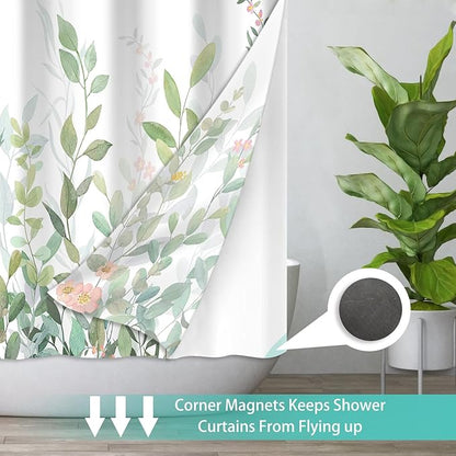 No Hook Shower Curtain Set with Snap in Fabric Liner for Bathroom,with See Through Top Window,Double Shower Curtain with Detachable Liner Replacement,Machine Washable,Green Leaves,71x74inch