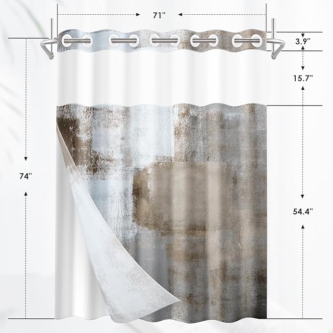 No Hook Grey Brown Painting Shower Curtain with Snap in Fabric Liner Set, Gray Abstract Double Layers Waterproof Fabric with See Through Top Window Open Grommet Bath Curtain 71x74 Inch