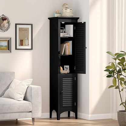 Tangkula 63" Tall Bathroom Storage Cabinet, Freestanding Narrow Linen Tower with Adjustable Shelf, Modern Slim Floor Cabinet with 2 Doors for Bathroom, Living Room, Kitchen (Black)