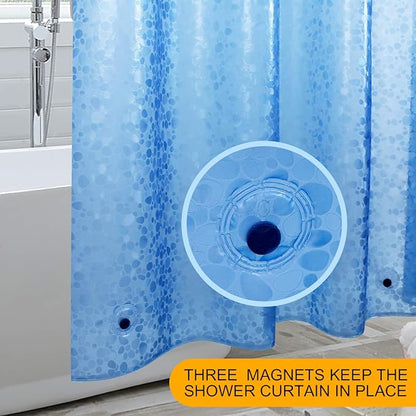 WELTRXE EVA 8G Shower Curtain Liner, 72x72 Inch 3D Blue Pebble Heavy Duty Waterproof Bathroom Shower Liner with Weighted Magnets Thick Clear Plastic Shower Curtains for Shower Stall, Bathtub, 12 Hooks