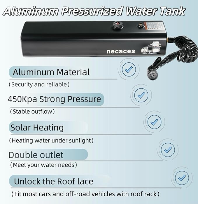 4.5Gallon Pressurized Water Tank,Portable Aluminum Camping Shower Water Storage with Spray Hose for Overland Off-Road Vehicles, Pick-up Trucks,Outdoor Activities Water Supply.