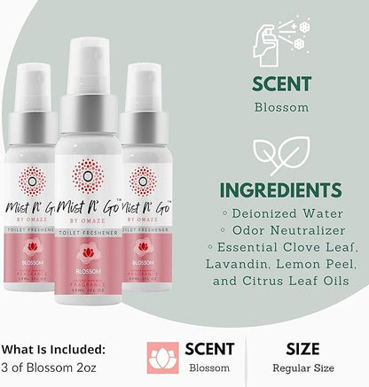Mist N’ Go by Omaze Travel Bathroom Spray for Toilet Spray Odor Eliminator - Travel Toilet Spray for Bathroom Air Freshener Spray for Bathroom Deodorizer - Blossom Regular Size (2oz x3)