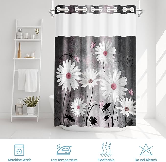 No Hook Pink White Daisy Butterfly Shower Curtain with Snap in Fabric Liner Set, Grey Farmhouse Double Layers Waterproof Fabric with See Through Top Window Open Grommet Bath Curtain 54x80 Inch