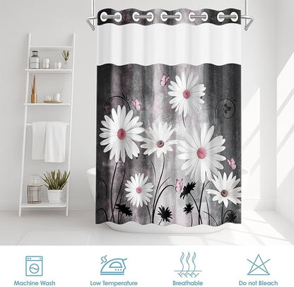 No Hook Pink White Daisy Butterfly Shower Curtain with Snap in Fabric Liner Set, Grey Farmhouse Double Layers Waterproof Fabric with See Through Top Window Open Grommet Bath Curtain 54x80 Inch