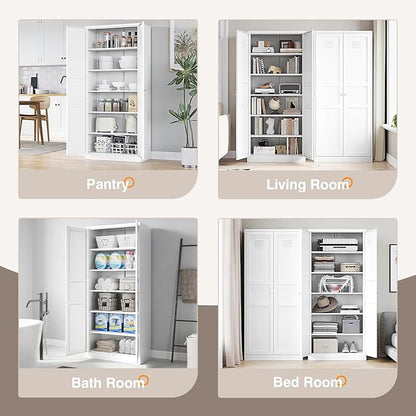 Yizosh Metal Storage Cabinet - 71" White Kitchen Pantry with 2 Doors and 5 Adjustable Shelves, 5-Tier Tall Steel Locker for Living Room, Dining Room
