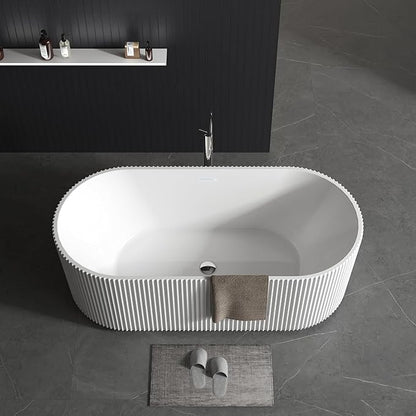 59" Free Standing Tub, Acrylic Soaking Bathtub, Stand Alone Freestanding Tub with Matte Sliver Drain and Overflow, Contemporary Bathtub for Bathroom, Pleated Gloss White