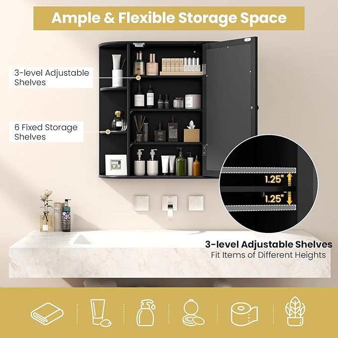 RELAX4LIFE Bathroom Wall Cabinet with Mirror - Medicine Cabinet w/Door, 6 Open Shelves & Adjustable Shelves, Over The Toilet Storage Cabinet Organizer, Mirrored Bathroom Cabinet Wall Mount (Black)
