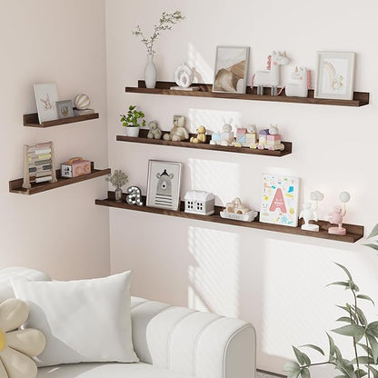 Heimlove Picture Ledge Shelf, Small Floating Shelves Set of 2, 16 Inches Picture Shelf for Wall with Ledge, Kids Bookshelf Wall Mounted for Living Room Bedroom Decor Books Photo Frames, Walnut
