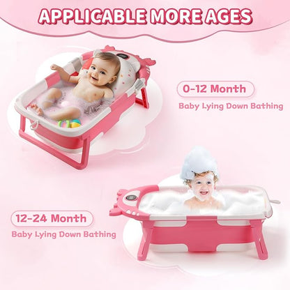 Baby Bathtub,Collapsible Baby Bath Tub with Thermometer & Soft Floating Cushion,Portable Travel Baby Bathtubs for Newborns to Toddlers 0-36 Months(Crab Pink)