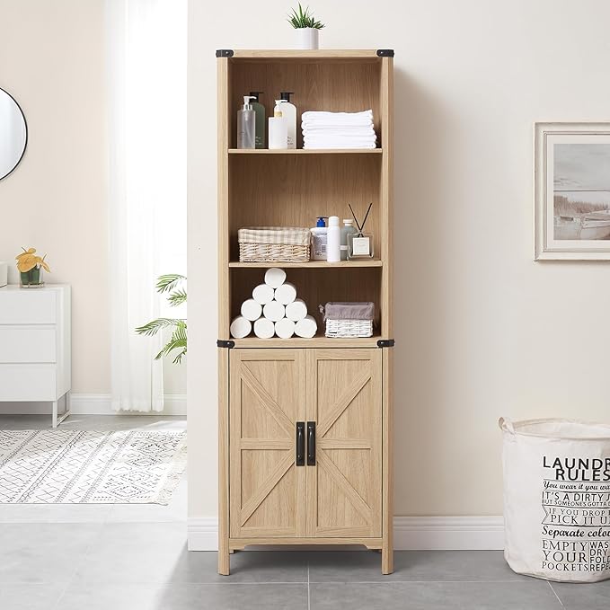 70.87 Tall Storage Cabinet, Farmhouse Storage Cabinet with 2 Barn Doors and Adjustable Shelves, Bathroom Organizer for Living Room, Entryway, Kitchen (Natural Oak)