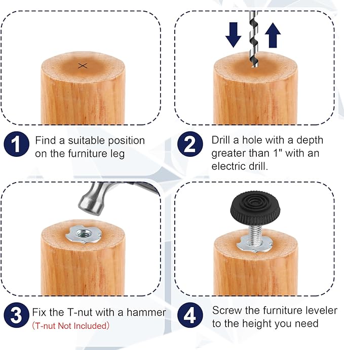 M6 Thread Levelers, 12 PCS Adjustable Furniture Feet, Screw in Leveling Feet for Table, Cabinets, Chairs, Stool Legs