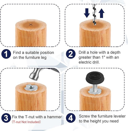 M6 Thread Levelers, 12 PCS Adjustable Furniture Feet, Screw in Leveling Feet for Table, Cabinets, Chairs, Stool Legs