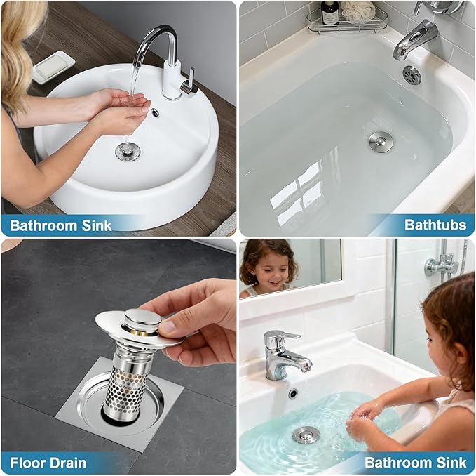 Bathroom Sink Stopper, Pop-up Bathroom Sink Drain Strainer Stopper with Removable Stainless Steel Strainer Filter Basket Hair Catcher, Sink Drain Stopper for Bathroom Sink Stopper Replacement (2PCS)