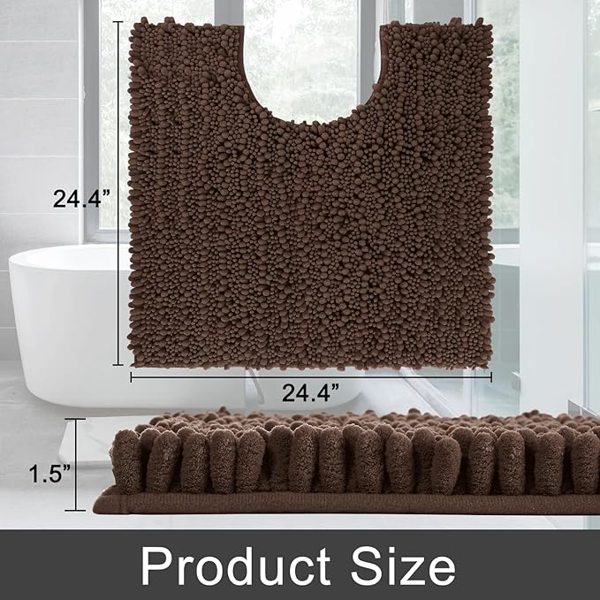 Yimobra Toilet Rug U Shaped Washable 24x24 Inch - Ultra Soft Absorbent Chenille Bath Rugs for Toilet, Quick Dry & Machine Washable, Non Slip Contour Bathroom Mat, Brown