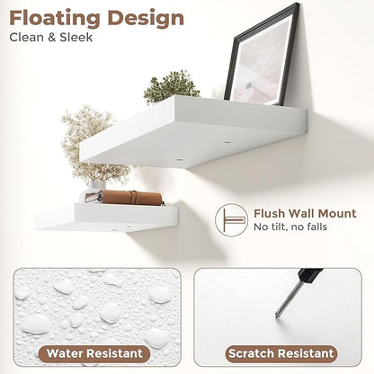 36 Inch Floating Shelves for Wall Set of 2, 12"D Wood Grain Bathroom Shelves with Invisible Brackets, Easy Install Engineered Wood Storage Shelves for Kitchen, Living Room, Bedroom, White Finish