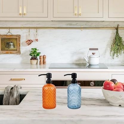16 oz Glass Soap Dispenser with Stainless Steel Vintage Brushed Bronze Pump Head, Refillable Gemstone Pattern Soap Dispenser for Hand Soap, Dish Soap, and Lotion (Orange)