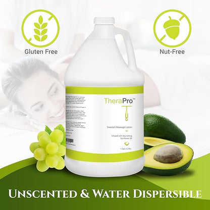 Swedish Massage Lotion by TheraPro - 1 Gallon - Unscented, Water Dispersible - Swedish Deep Tissue for Massage Therapy - Smooth Glide No Sticky Residue - Professional Lotion