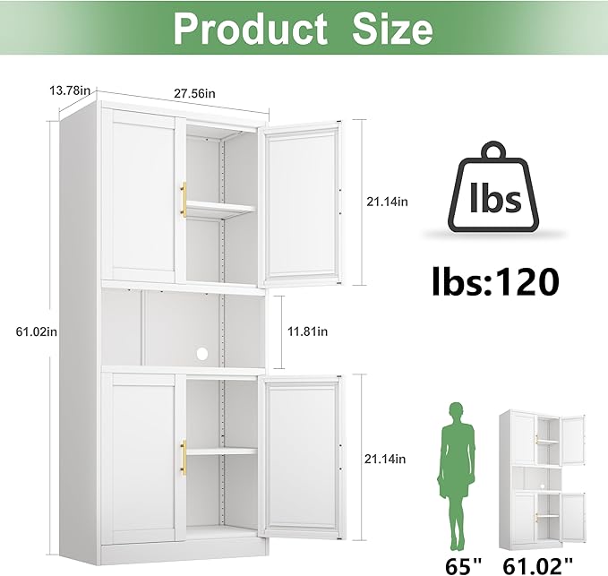 Pantry Cabinet 61" H Metal Kitchen Cabinet with 4 Doors, Bathroom Cabinets, 2 Adjustable Shelves for Kitchen, Home Office, Living Room, Dinning Room (White)