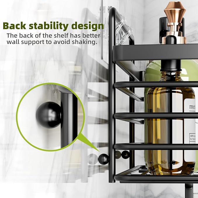 Shower Caddy, Adhesive Shower Organizer with Soap Dish and 4 Hooks, Rustproof Stainless Steel Shower Shelves, Wall Mounted No Drilling Storage Shelf Basket Accessories for Bathroom & Kitchen