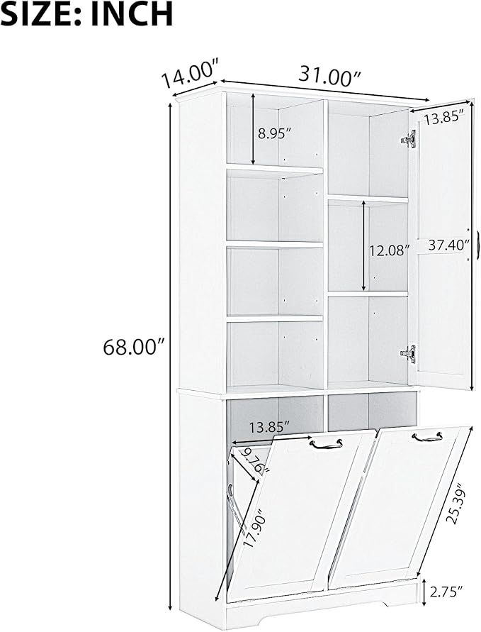 Favfurish 68" Tall Bathroom Storage Cabinet with Door and 2 Tilt-Out Laundry Hampers,Modern Linen Cabinets w/Open Shelf & Adjustable Shelves,Freestanding Organizer for Laundry Room,Kitchen,Black