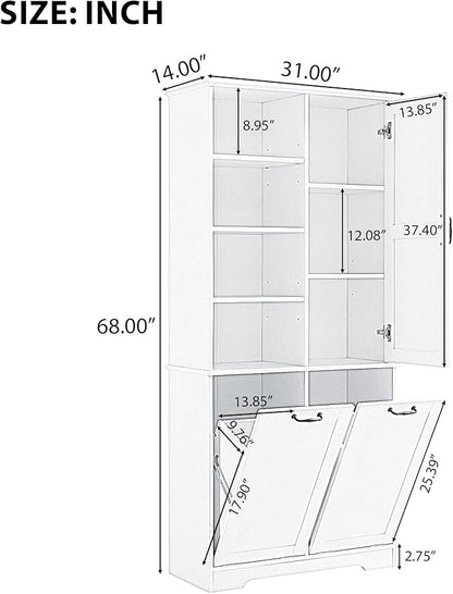 Favfurish 68" Tall Bathroom Storage Cabinet with Door and 2 Tilt-Out Laundry Hampers,Modern Linen Cabinets w/Open Shelf & Adjustable Shelves,Freestanding Organizer for Laundry Room,Kitchen,Oak