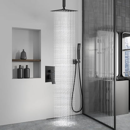 Aolemi Ceiling Mount Rain Shower Head & Handheld Spray with Robust Valve & Trim Kit - Matte Black, 8 Inch Head