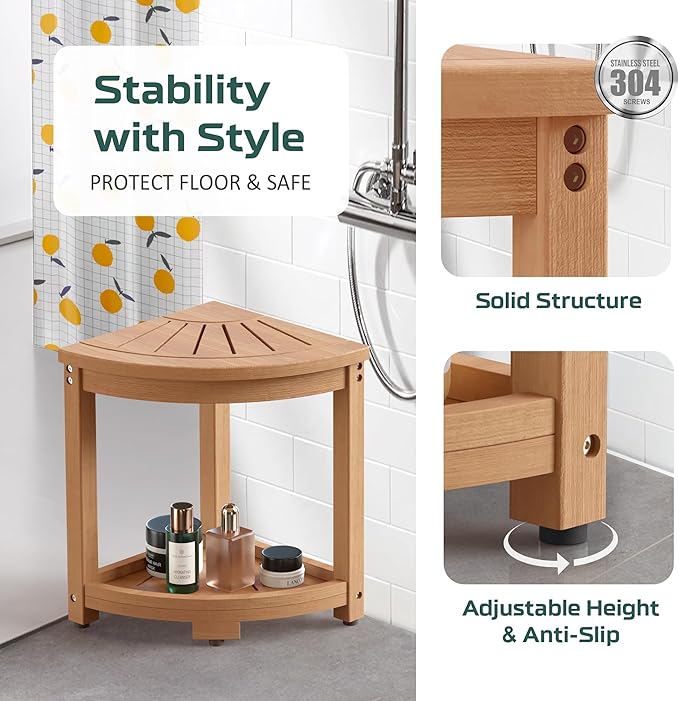 Waterproof Corner Shower Stool for Inside Shower, Poly Lumber Shower Bench Seat Chair, Bath Shower Stool for Shaving Legs Foot Rest with Storage Shelf, Adjustable & Non-Slip Feet, Teak Brown