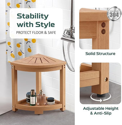 Waterproof Corner Shower Stool for Inside Shower, Poly Lumber Shower Bench Seat Chair, Bath Shower Stool for Shaving Legs Foot Rest with Storage Shelf, Adjustable & Non-Slip Feet, Teak Brown