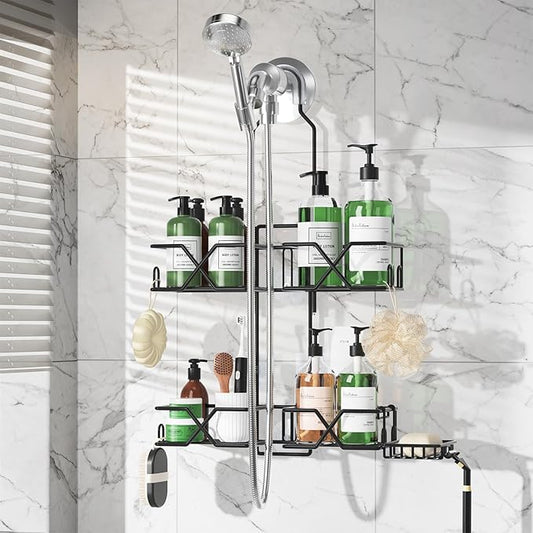 Stainless Steel Hanging Shower Caddy for Handheld Shower Heads,Adjustable Height Extra Long Bathroom Shower Organizer Hanger Rack with Hooks,Soap Holder
