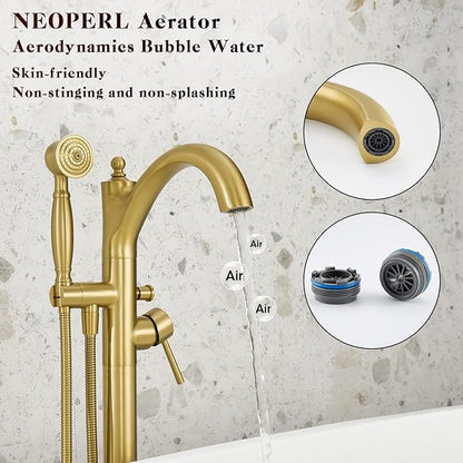 Free Standing Tub Faucet, Brushed Gold Classic Freestanding Bathtub Faucet with Vintage Hand Shower Brass High Flow Rate Floor Mount Tub Filler Swivel Spout Roman Tub Faucet Set (WT-9002BG)
