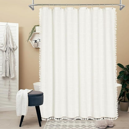 MitoVilla Cream White Boho Extra Long Shower Curtain 72 x 84, Modern Farmhouse 84 inch XL Polyester Linen Texture Tassel Fabric Shower Curtain Set with Hooks for Country Bathroom Decor, Ivory