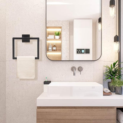 Matte Black Towel Ring,Square Hand Towel Holder,Towel Hanger, Bathroom Hardware Accessories,Stainless Steel Wall-Mounted Towel Hoder