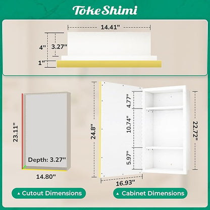 TokeShimi 17x25 Recessed Medicine Cabinet with Mirror Surface Mount, Aluminum Framed Metal White and Gold Medicine Cabinet with Mirrored, Bathroom Beveled Mirror Adjustable Storage