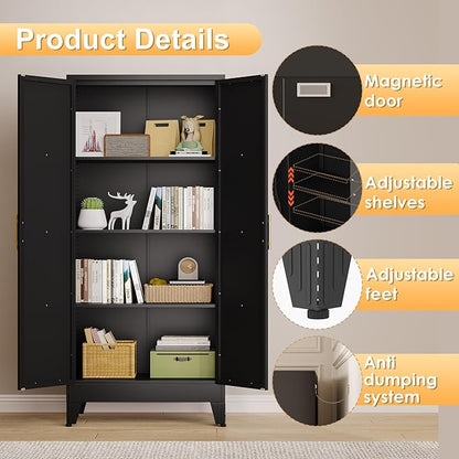 61" H Metal Kitchen Pantry Storage Cabinet, Freestanding Cupboard with 2 Doors and 3 Adjustable Shelves, Standing Storage for Kitchen, Bathroom, Garage, Dinning Room or Utility Room（Black）