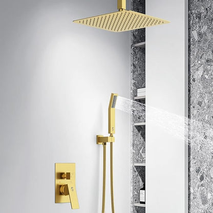 SR SUN RISE 12 Inch Ceiling Mounted Shower System Rain Mixer Shower Combo Set Rainfall Shower Head System Brushed Gold Shower Faucet Trim Repair Kits with Shower Rough-in Valve Body and Trim