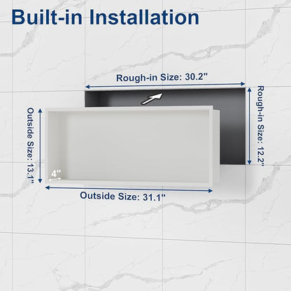 Neodrain 30X12Inch Shower Niche, White Stainless Niche NO Tile Needed Recessed Shower Shelf for Bathroom Storage