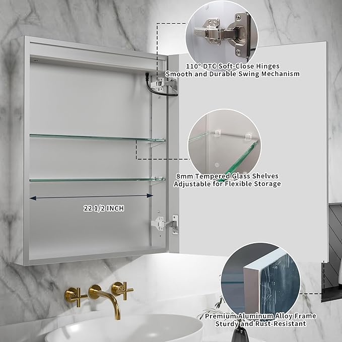 GroGro Lighted Medicine Cabinet with Mirror and Storage,24" W x 30" H LED Bathroom Medicine Cabinet with Mirror,Surface or Recessed Mounting,Defog,Dimming,3-Color Temperature,Right Opening Door