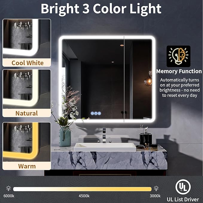 BEAUTYPEAK 36 x 32 LED Bathroom Medicine Cabinet Mirror, Adjustable Shelves, Silver Aluminum Cabinet, Anti-Fog Stepless Dimmable 3 Colors White/Natural/Warm, Easy to Install(Wall Mount/Recessed)