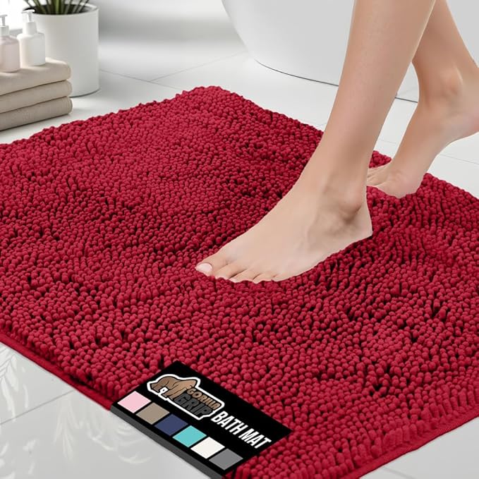 GORILLA GRIP Bath Rug Mat, Thick Soft Absorbent Chenille, Quick Dry Microfiber Mats, Rubber Backing Washable Shower Floor Rugs, Bathmat Runner, US Designed Bathroom Home Decor Accessories 24x17, Red