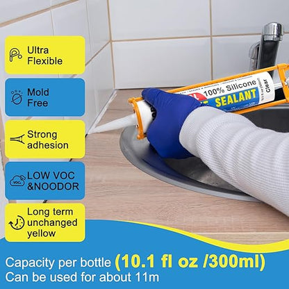 Silicone Caulk & Sealant Clear, 10 Pack - 100% Waterproof Silicone Sealant, Silicone Caulking for Kitchen and Bathroom, Toilet, Sink, Window ＆ Door Use, Shrink & Crack Proof (10.1 FL.OZ/300ml)