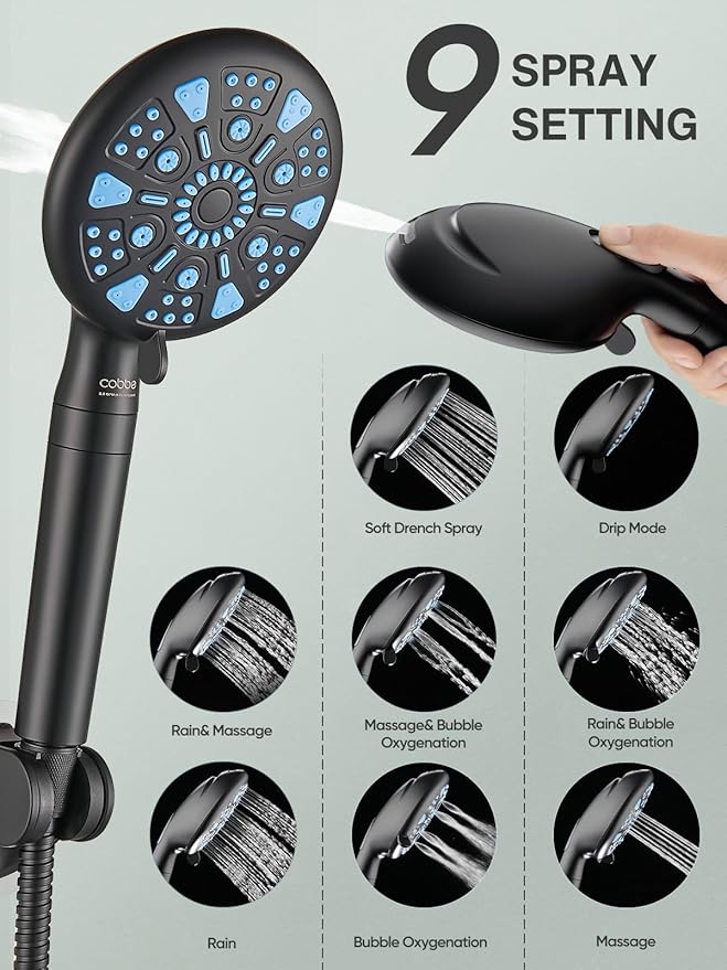 Cobbe 12 Inch All Metal Rain Shower Head, Dual Shower Heads with Handheld Spray Combo - Upgrade Extension Arm Height Adjustable - 9 Spray Filtered Shower Head, Black